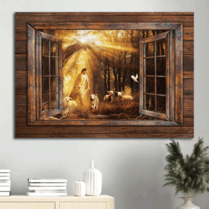 Christian Jesus Landscape Poster: Walking with Jesus and Lambs Painting for Home Decor