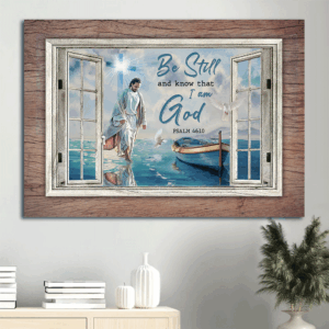 Jesus Walking on Water Landscape Poster - Christian Home Decor Gift with Light Cross and Window Frame - Be Still and Know That I Am God Wall Art