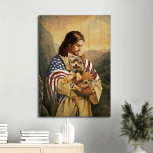 Jesus Portrait Poster Home Decor Gift - Christian Wall Art with Yorkshire Terrier and US Flag