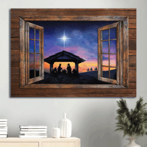 Jesus Landscape Poster: Christian Home Decor Gift - Painting Wooden Window Halo Night - Wall Art Prints