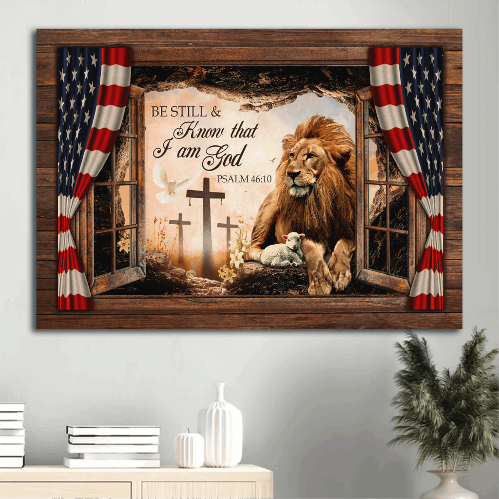 Christian Home Decor Gift – Jesus Lion of Judah & Lamb of God Poster with US Flag – Be Still and Know God Landscape Art
