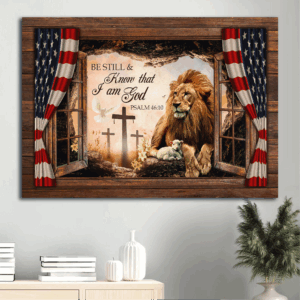 Christian Home Decor Gift - Jesus Lion of Judah & Lamb of God Poster with US Flag - Be Still and Know God Landscape Art