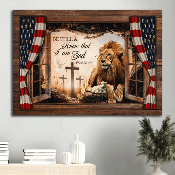 Christian Home Decor Gift – Jesus Lion of Judah & Lamb of God Poster with US Flag – Be Still and Know God Landscape Art
