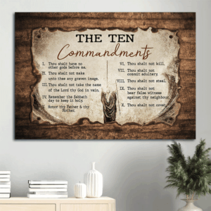 Jesus Landscape Poster Home Decor - Christian Wall Art Gift with Ten Commandments on Wooden Background