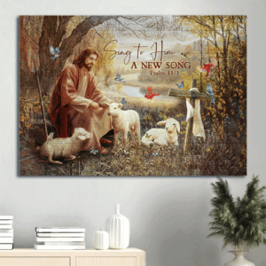 Jesus Landscape Poster: Christian Home Decor Gift with White Sheep and Cardinal