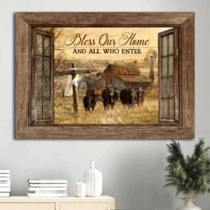 Jesus Landscape Poster - Tranquil Farm Cow Gift for Christian Home Decor - Blessings on Entryway - Wall Art Print