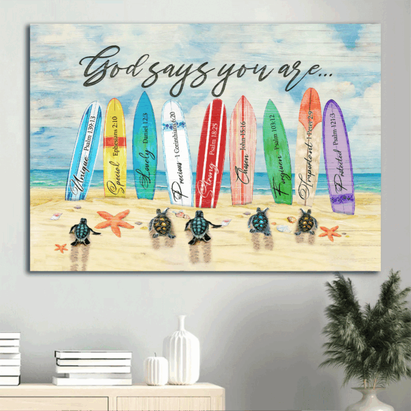 Jesus Landscape Turtle Beach Surfboard Poster Home Decor Gift for Christian – God Says You Are