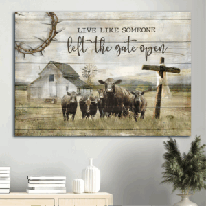 Tranquil Farm Jesus Landscape Poster Home Decor Gift for Christian - Aberdeen Angus Wooden Cross