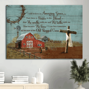Jesus Landscape Poster Home Decor Gift - Tranquil Farm Painting with Windmill Barn & Cross - Christian Gift with Amazing Grace