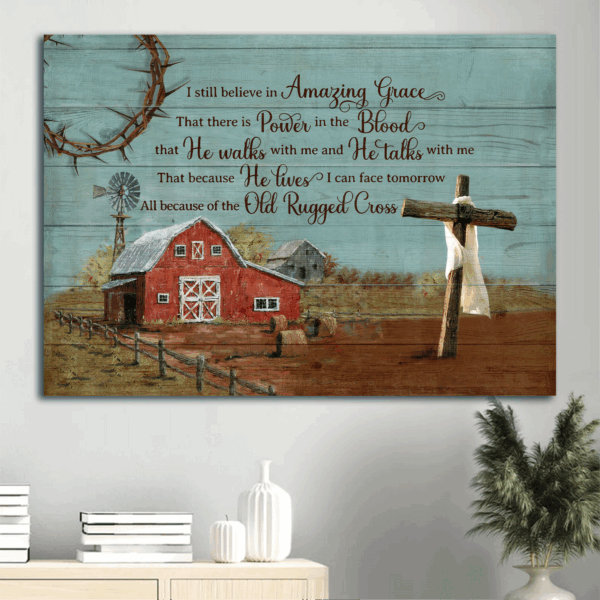 Jesus Landscape Poster Home Decor Gift – Tranquil Farm Painting with Windmill Barn & Cross – Christian Gift with Amazing Grace