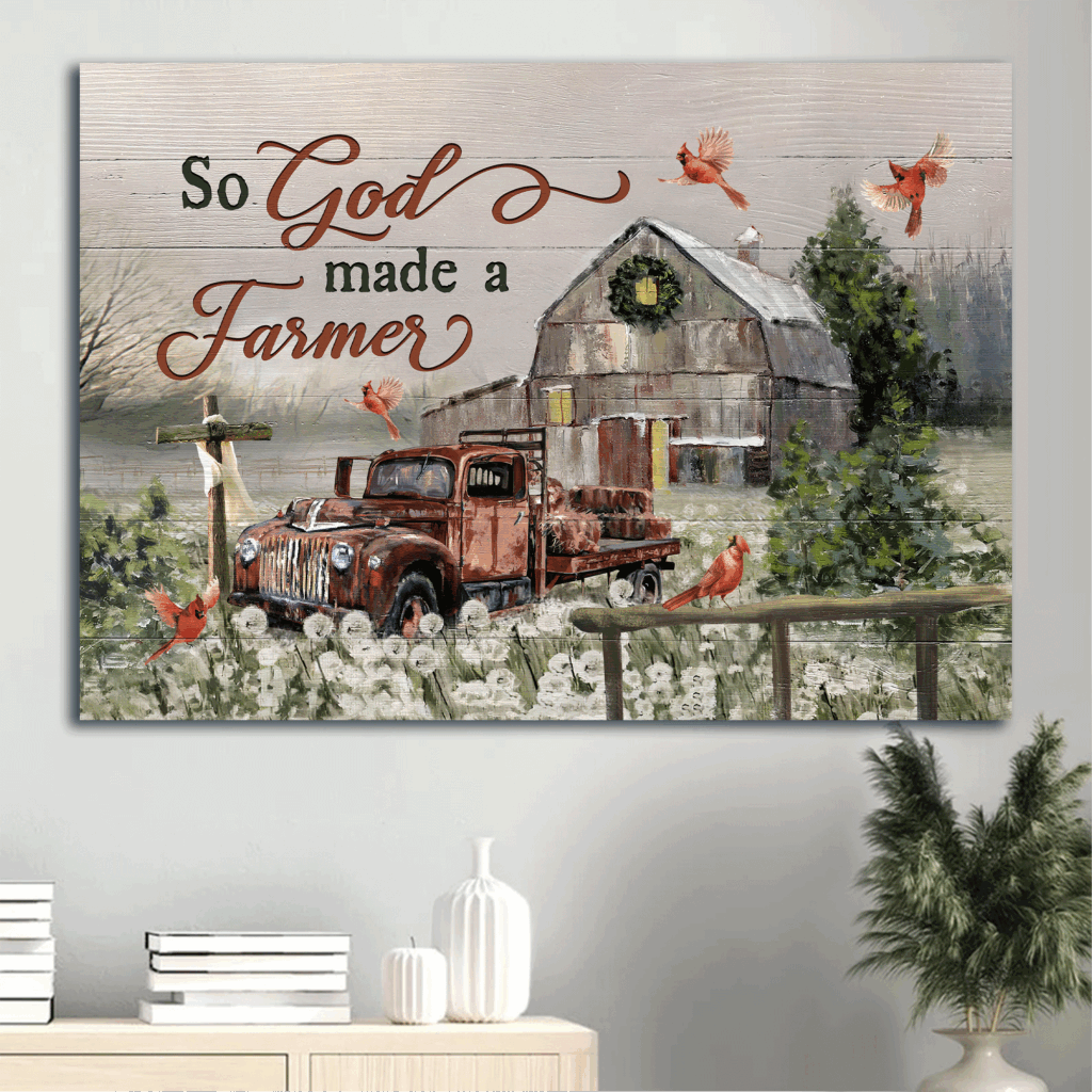 Christian Home Decor Gift: Jesus Landscape Poster with Tranquil Farm Red Cardinal Old Truck and Wooden Cross Christian Home Decor Gift: Jesus Landscape Poster with Tranquil Farm Red Cardinal Old Truck and Wooden Cross