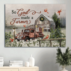 Christian Home Decor Gift: Jesus Landscape Poster with Tranquil Farm Red Cardinal Old Truck and Wooden Cross