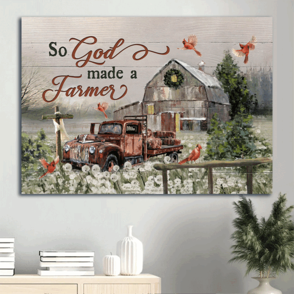 Christian Home Decor Gift: Jesus Landscape Poster with Tranquil Farm Red Cardinal Old Truck and Wooden Cross