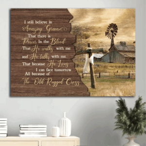Tranquil Farm and Wooden Cross Jesus Landscape Poster - Christian Home Decor Gift with Amazing Grace Theme
