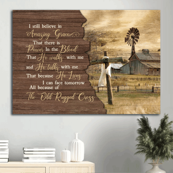 Tranquil Farm and Wooden Cross Jesus Landscape Poster – Christian Home Decor Gift with Amazing Grace Theme