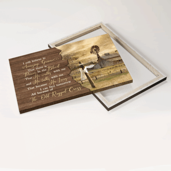 Tranquil Farm and Wooden Cross Jesus Landscape Poster – Christian Home Decor Gift with Amazing Grace Theme