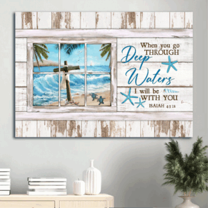 Jesus Landscape Poster: Cross Ocean Sea Turtle Home Decor Gift for Christians - Wall Art with Inspirational Quote