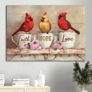 Christian Home Decor Gift: Jesus Landscape Poster with Cardinal Vintage Cup and Pink Rose - Faith Hope Love