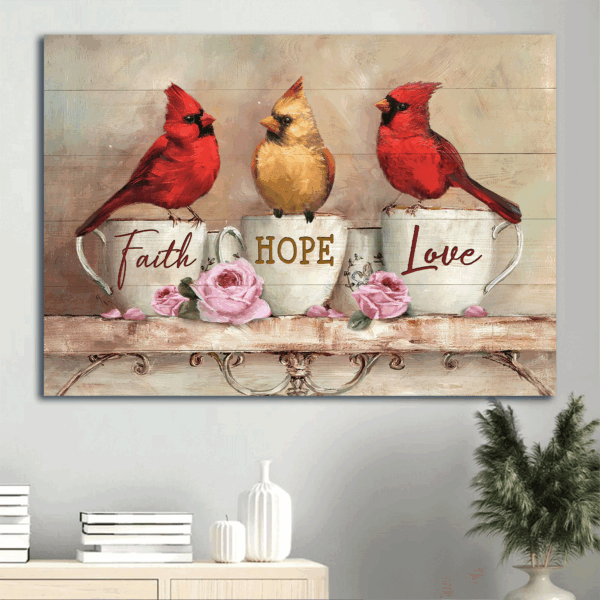 Christian Home Decor Gift: Jesus Landscape Poster with Cardinal Vintage Cup and Pink Rose – Faith Hope Love