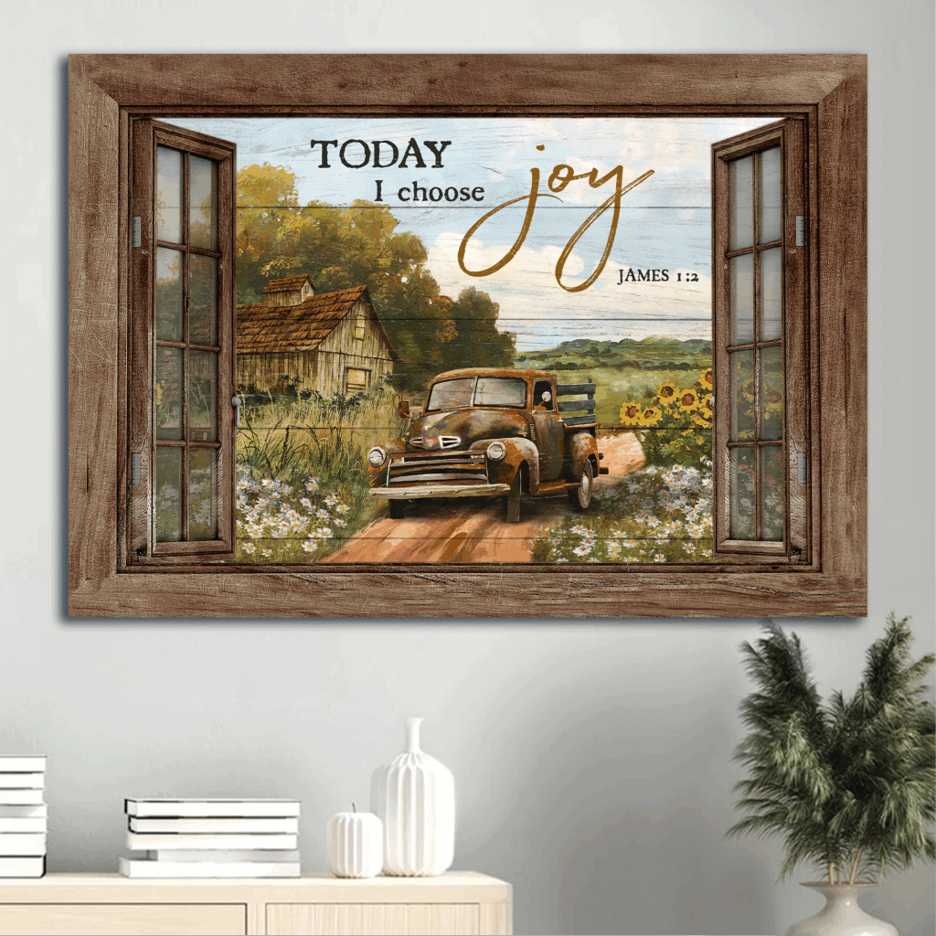 Jesus Landscape Poster Home Decor Gift – Truck Flower Field Window Frame – Gift For Christian – Choose Joy Wall Art
