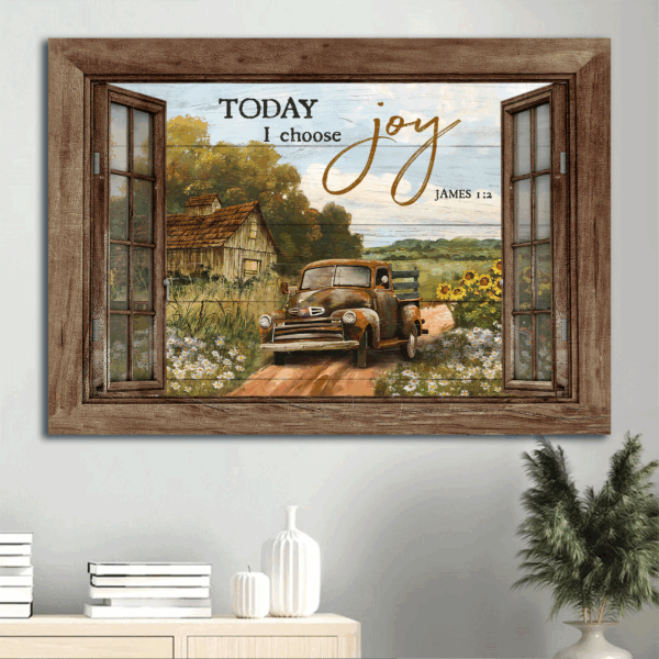 Jesus Landscape Poster Home Decor Gift – Truck Flower Field Window Frame – Gift For Christian – Choose Joy Wall Art