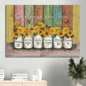 God Says You Are - Jesus Landscape Poster Home Decor Gift with Sunflower and Butterfly Design