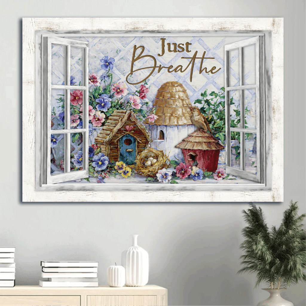 Jesus Landscape Poster: Christian Home Decor Gift – Little House Flower Garden White Window – Just Breathe Jesus Landscape Poster: Christian Home Decor Gift – Little House Flower Garden White Window – Just Breathe