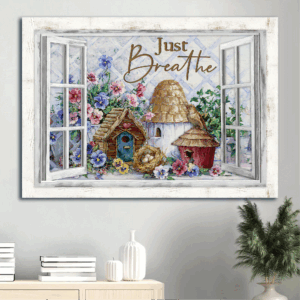 Jesus Landscape Poster: Christian Home Decor Gift - Little House Flower Garden White Window - Just Breathe