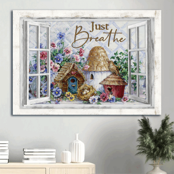 Jesus Landscape Poster: Christian Home Decor Gift – Little House Flower Garden White Window – Just Breathe