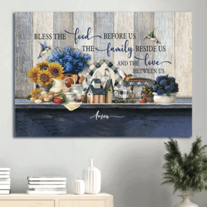 Christian Kitchen Decor Gift: Jesus Landscape Poster with Blue Flowers & Hummingbird - Bless the Food & Love - Wall Art Print