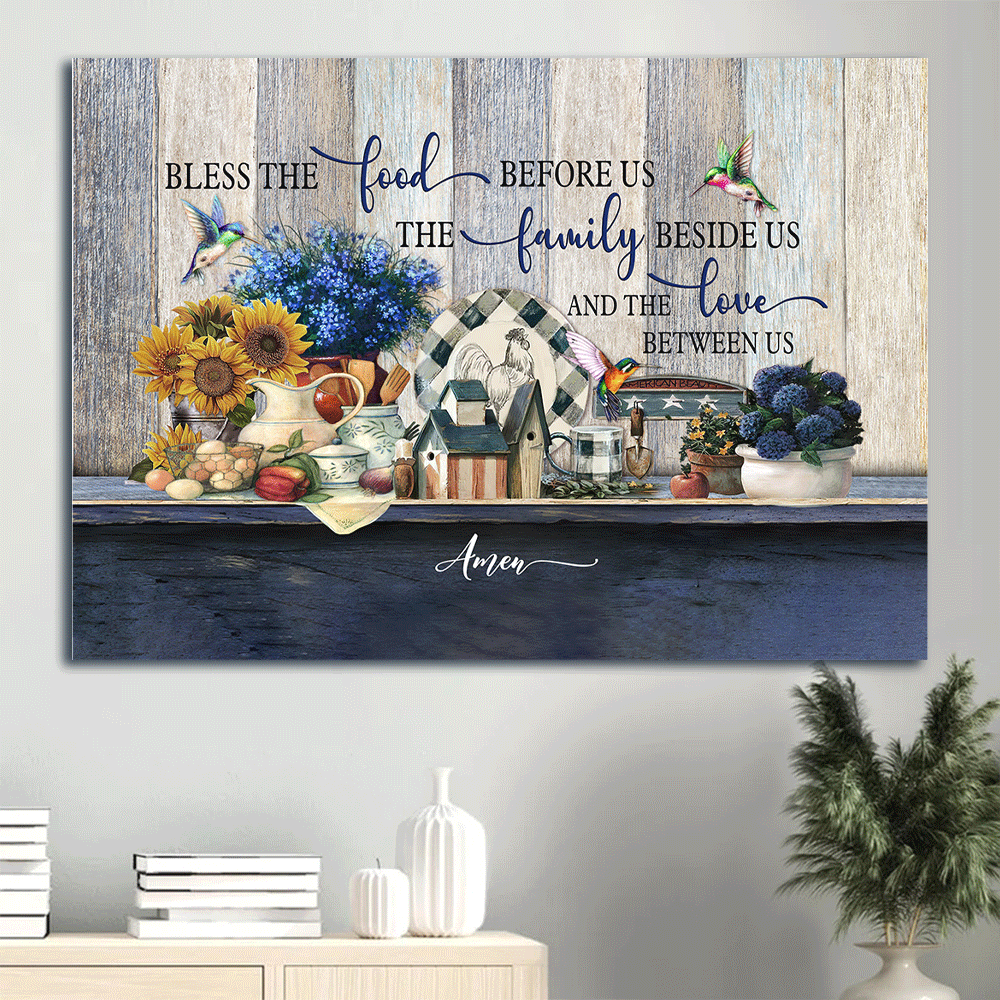 Christian Kitchen Decor Gift: Jesus Landscape Poster with Blue Flowers & Hummingbird – Bless the Food & Love – Wall Art Print Christian Kitchen Decor Gift: Jesus Landscape Poster with Blue Flowers & Hummingbird – Bless the Food & Love – Wall Art Print