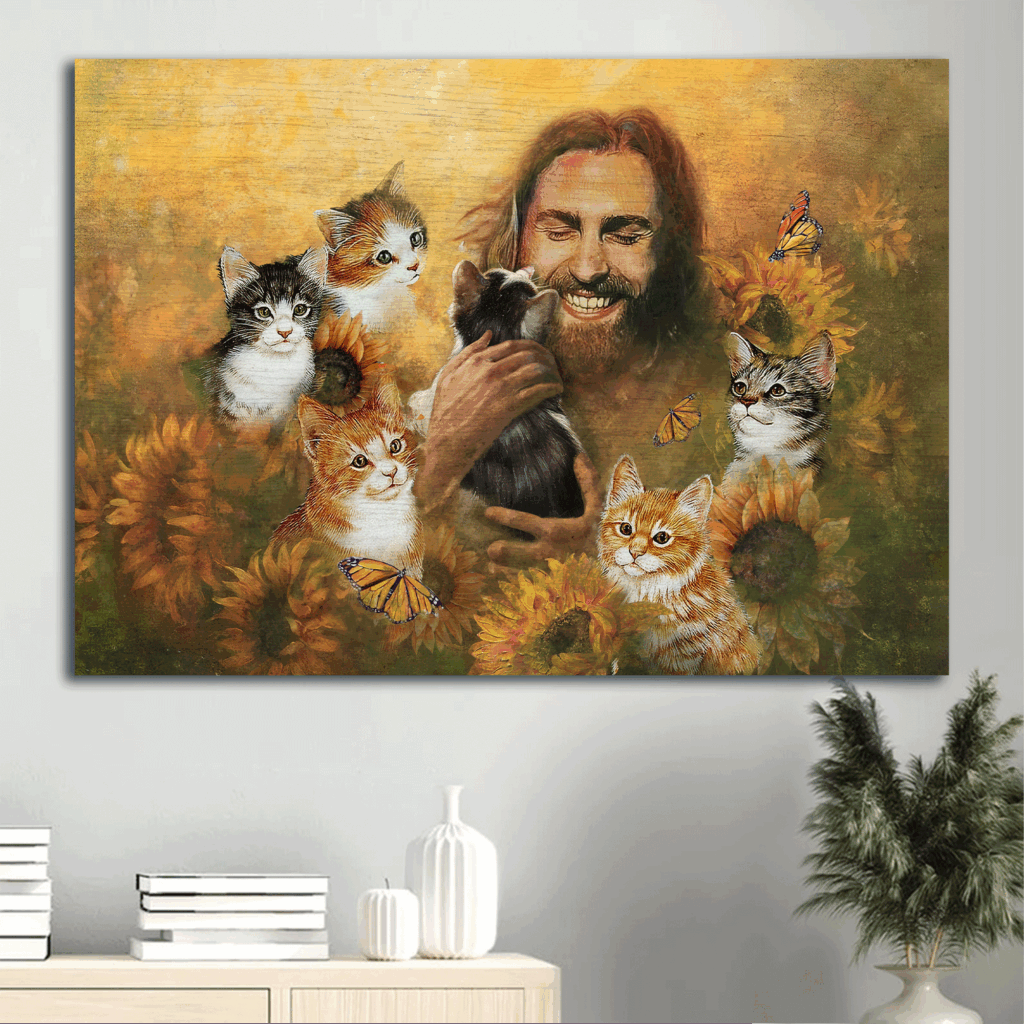 Jesus Landscape Poster: Christian Home Decor with Cats Sunflowers Monarch Butterfly Jesus Landscape Poster: Christian Home Decor with Cats Sunflowers Monarch Butterfly