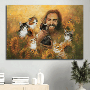 Jesus Landscape Poster: Christian Home Decor with Cats Sunflowers Monarch Butterfly