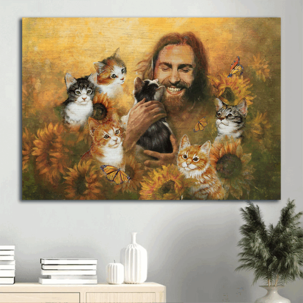 Jesus Landscape Poster: Christian Home Decor with Cats Sunflowers Monarch Butterfly