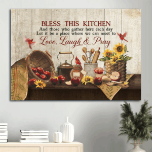 Jesus Landscape Poster Home Decor Gift - Christian Kitchen Art with Apple Sunflower and Red Cardinal - Bless This Kitchen Print and Christian Wall Art