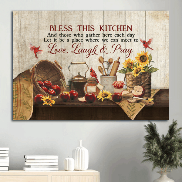 Jesus Landscape Poster Home Decor Gift – Christian Kitchen Art with Apple Sunflower and Red Cardinal – Bless This Kitchen Print and Christian Wall Art
