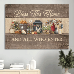 Bless This Home Jesus Landscape Poster - Christian Wall Art Gift with Beautiful Flowers and White Candles