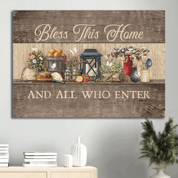 Bless This Home Jesus Landscape Poster – Christian Wall Art Gift with Beautiful Flowers and White Candles