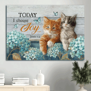 Christian Home Decor Gift - Jesus & Joy Landscape Poster with Cat Painting & Blue Hydrangea Garden