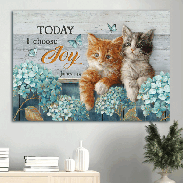 Christian Home Decor Gift – Jesus & Joy Landscape Poster with Cat Painting & Blue Hydrangea Garden