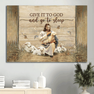 Christian Home Decor Gift: Jesus Landscape Poster with Lambs Butterfly Hummingbird - Give it to God and Go to Sleep - Wall Art Prints