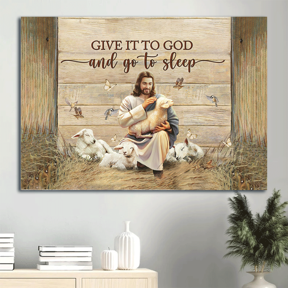 Christian Home Decor Gift: Jesus Landscape Poster with Lambs Butterfly Hummingbird – Give it to God and Go to Sleep – Wall Art Prints Christian Home Decor Gift: Jesus Landscape Poster with Lambs Butterfly Hummingbird – Give it to God and Go to Sleep – Wall Art Prints
