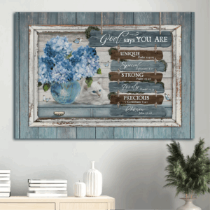 Christian Landscape Poster Home Decor - Unique God Says You Are - Blue Hydrangeas & White Cat Wall Art Print