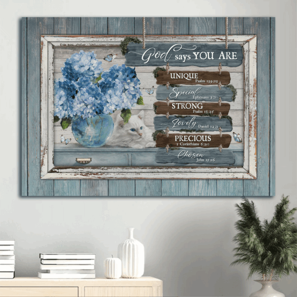 Christian Landscape Poster Home Decor – Unique God Says You Are – Blue Hydrangeas & White Cat Wall Art Print