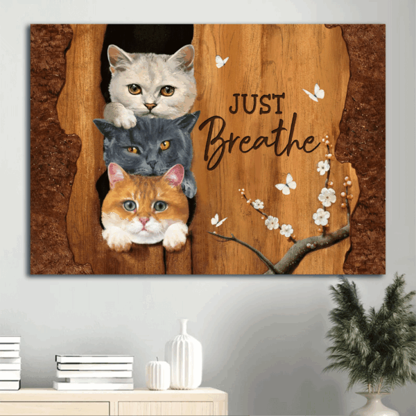 Jesus Landscape Poster Home Decor Gift – Cat Artwork Wooden Background Christian Gift – Just Breathe