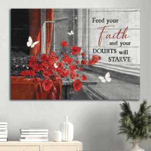 Christian Landscape Poster Home Decor Gift - Poppy Painting White Butterfly Still Life Drawing - Feed Your Faith with Christian Wall Art