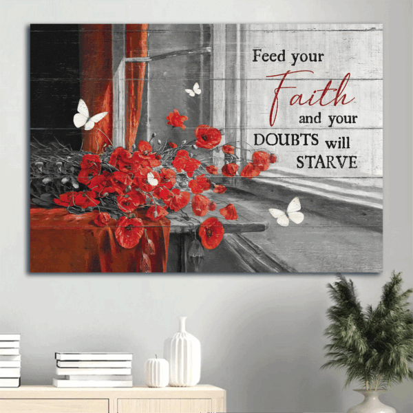Christian Landscape Poster Home Decor Gift – Poppy Painting White Butterfly Still Life Drawing – Feed Your Faith with Christian Wall Art