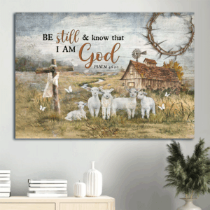 Jesus Landscape Poster Home Decor Gift - Lambs Painting Old Farmhouse Countryside White Butterfly - Be Still and Know - Wall Art Print