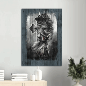 Jesus Portrait Poster - Knight Painting Lion of Judah & Cross - Christian Home Decor Gift