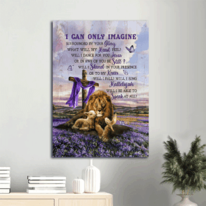 Christian Home Decor Gift - Jesus Lion Drawing Poster with Cross and Lavender Field - Inspirational Wall Art Print